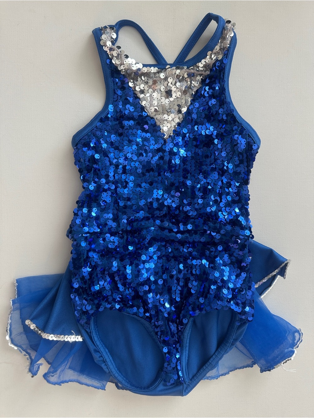 Weissman girl’s Royal Blue Sequin Dance Leotard with Silver Accents. Size SC.